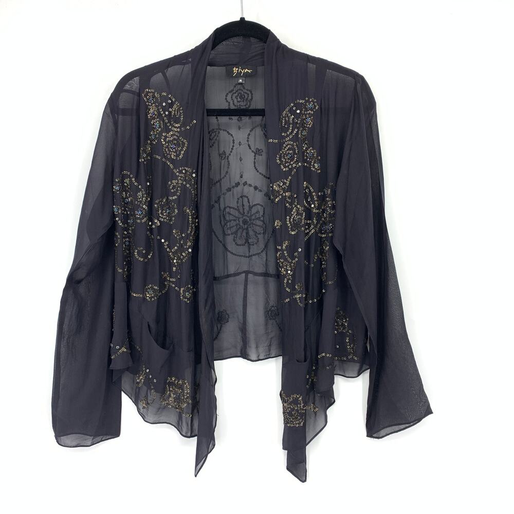 Biya Johnny Was Cardigan M Black Sheer Silk Sequin Embroidered Draped Jacket